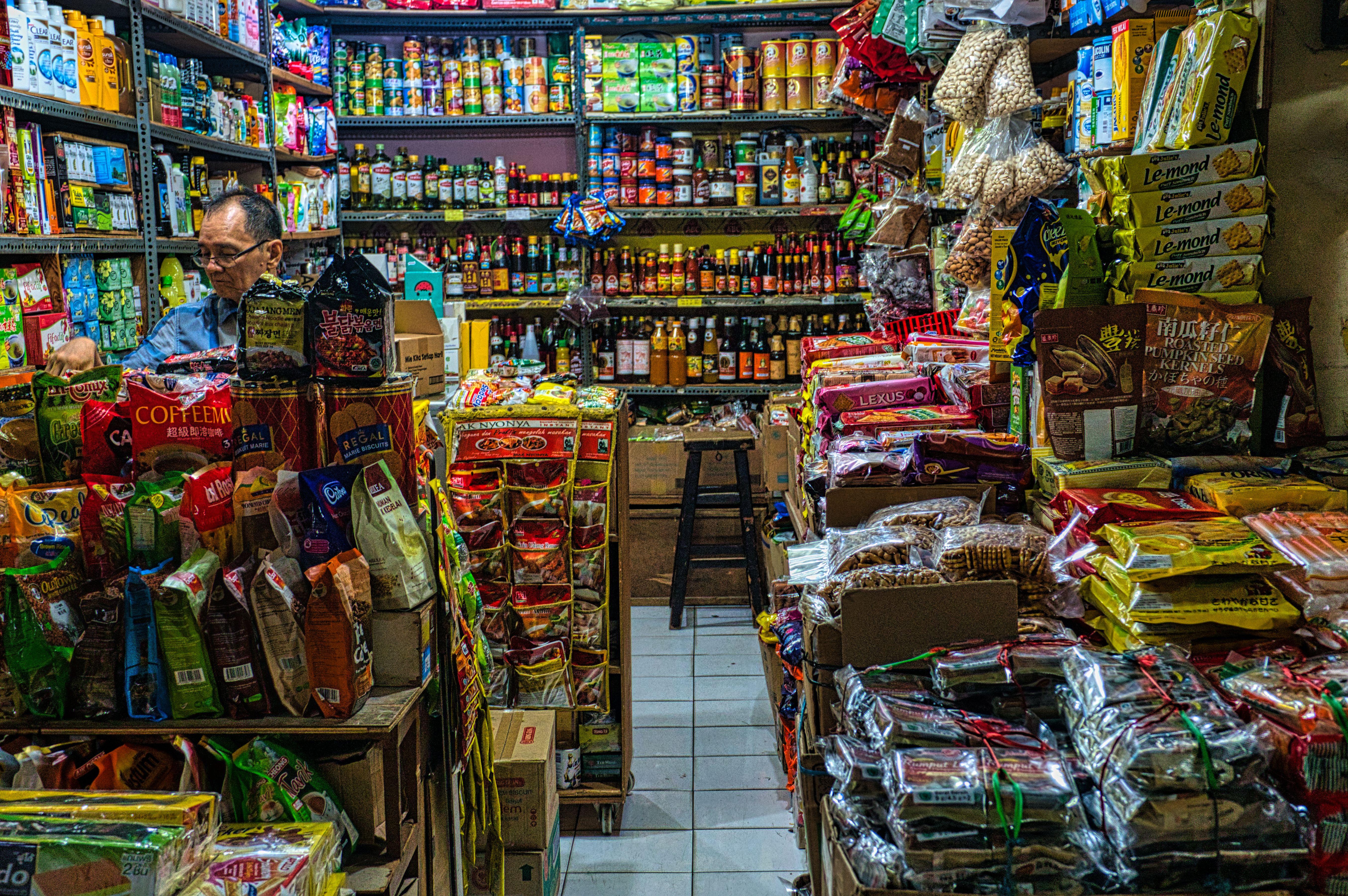 Asian grocery store shelves stocked with a wide range of products